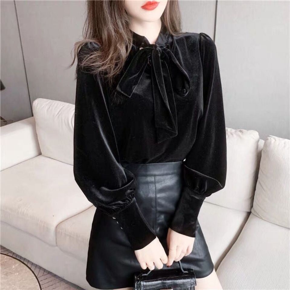 Áo nhung tay dài phối nơ thiết kế thanh lịch