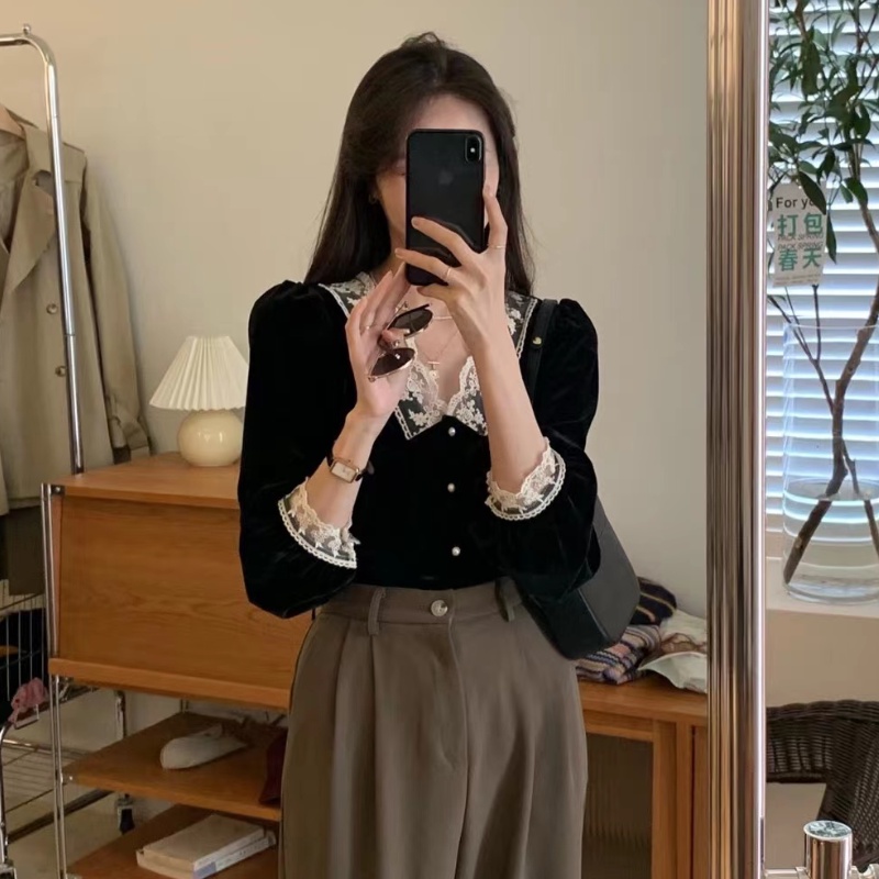 Áo sơ mi nhung tay dài phối ren thời trang thanh lịch dành cho nữ