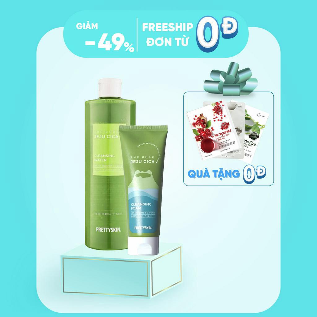 COMBO 01 Sữa rửa mặt Prettyskin rau má Jeju Sica + 01 Nước tẩy trang Prettyskin (Rau má/ Dưỡng trắng) tặng 5 Mặt nạ