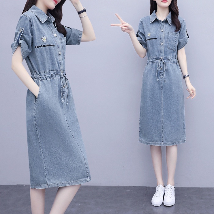 Quyển Váy Midi Tay Ngắn Nữ Eo Chun Dáng Dài Váy sơ mi dài Chân Váy Jean Dáng Dài Qua Gối