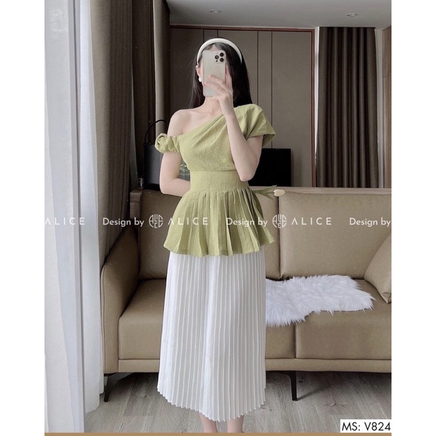 SET ÁO LỆCH VAI PEPLUM XANH + CHÂN VÂY MIDI TRẮNG MS259