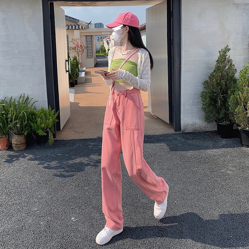 Quần jean ZHELIHANGFEI lưng cao ống rộng phong cách đường phố Mỹ cá tính năng động