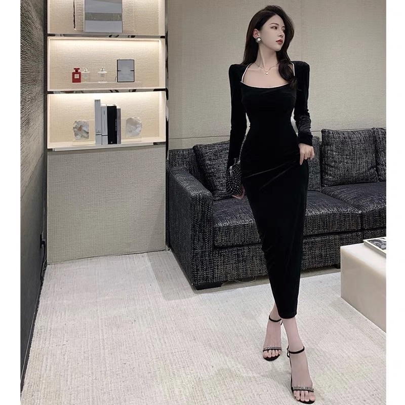 Đầm body tay dài hở lưng phối nơ sau lưng hàng quảng châu