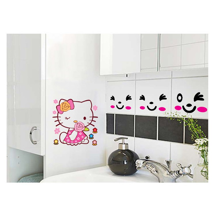 Miếng dán tường hình mèo Hello Kitty nghệ thuật dễ thương DIY trang trí phòng tắm/nhà vệ sinh gia đình