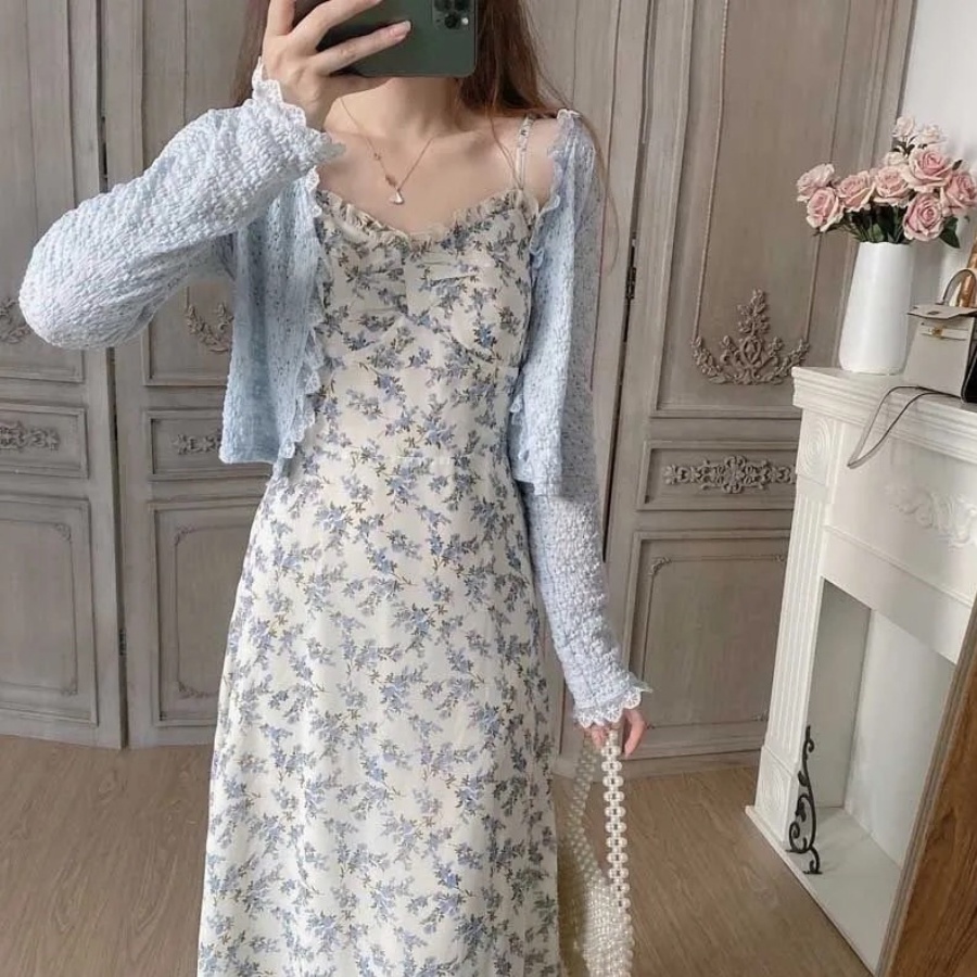 Váy Hoa Nhí Đầm 2 Dây Hoa Nhí Bèo Nhún Ngực Áo Khoác Cardigan Phong Cách Hàn Quốc Nhẹ Nhàng - De Mila HN57 | BigBuy360 - bigbuy360.vn