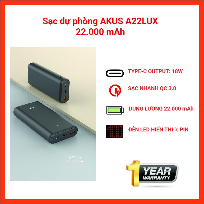 Sạc dự phòng AKUS 22.000 mAh - A22 LUX Sạc nhanh Hàng chính hãng - Bảo hành 12 tháng