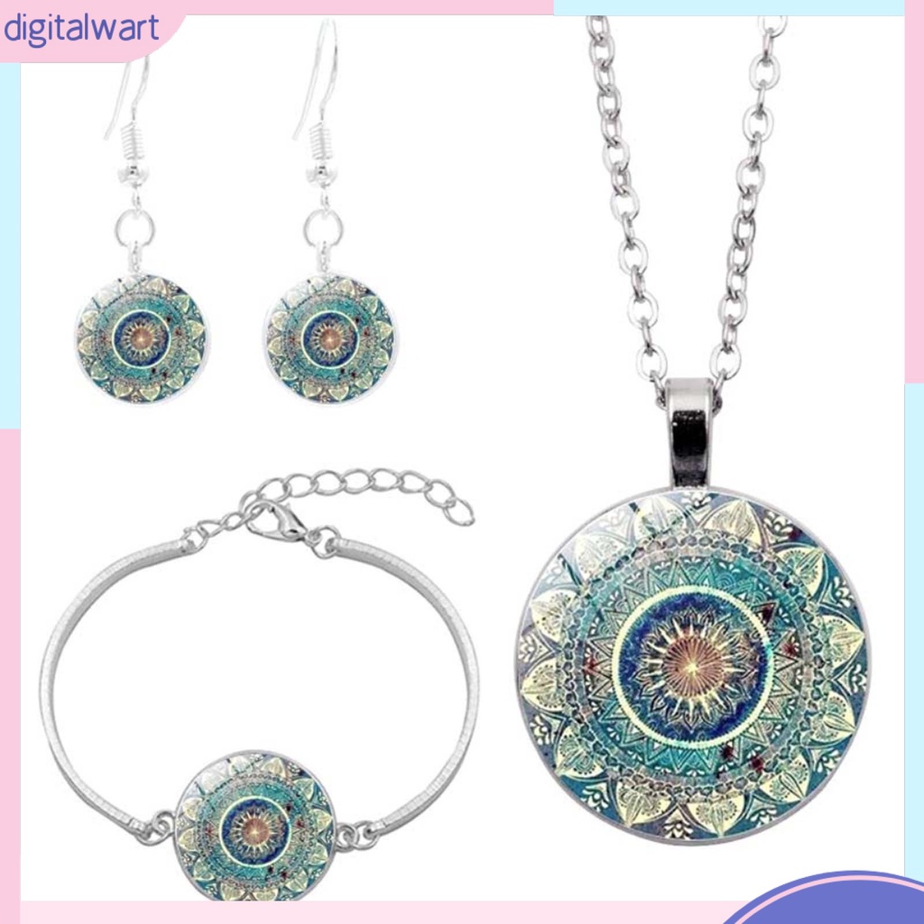 Bộ Dây Chuyền + Vòng Tay + Đôi Khuyên Tai Mặt Tròn Họa Tiết Mandala Thời Trang Cho Nữ
