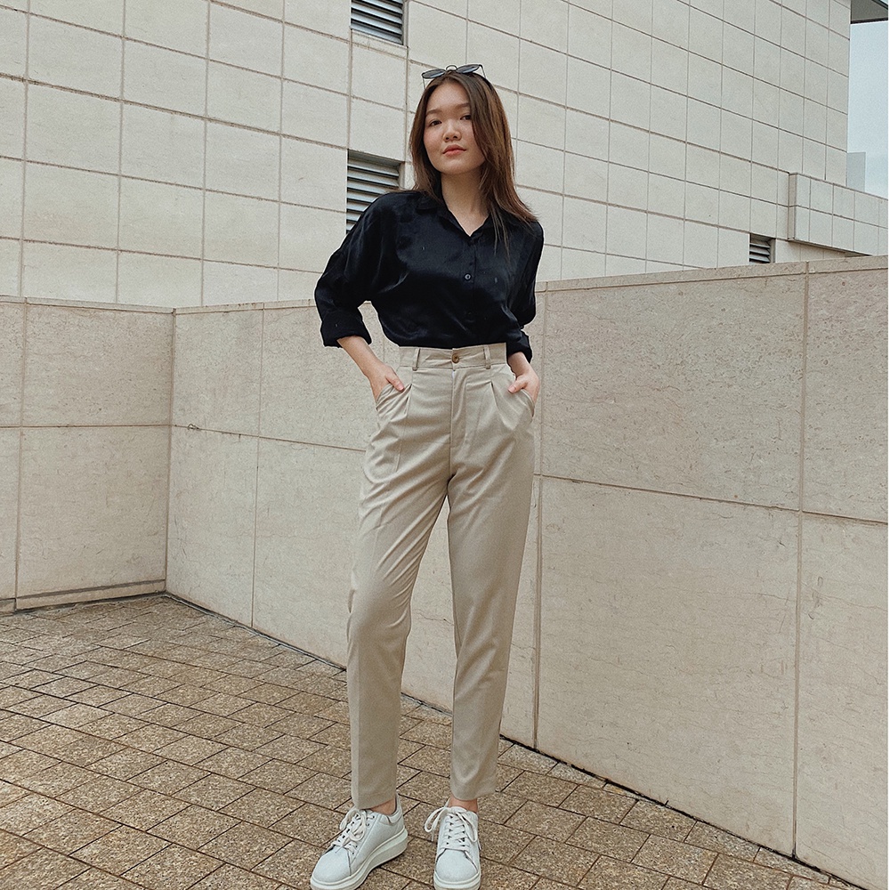 Quần tây nữ baggy LUCETFASHION đen kem cao cấp