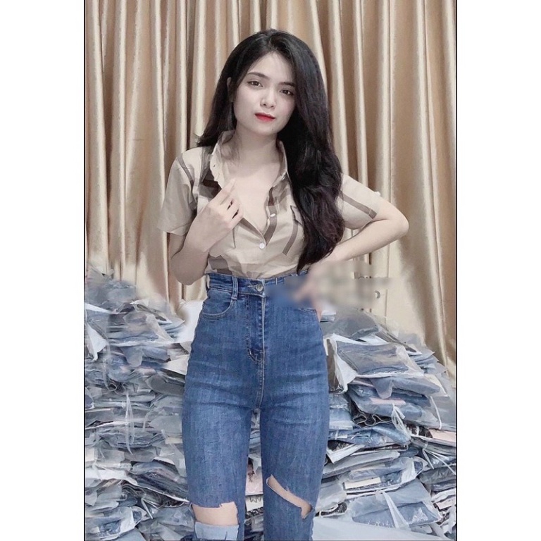 Quần jeans RÁCH GỢN SÓNG lưng siêu cao