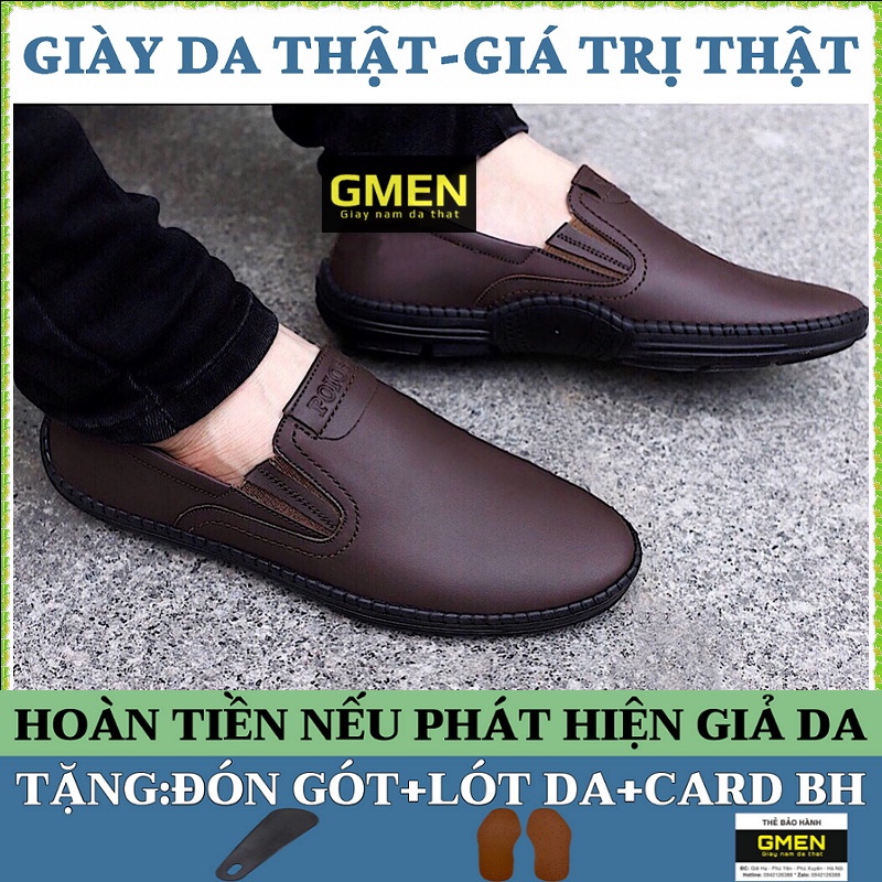 Giày lười nam da bò mềm mại đế cao su khâu chỉ bảo hành 12 tháng GM09