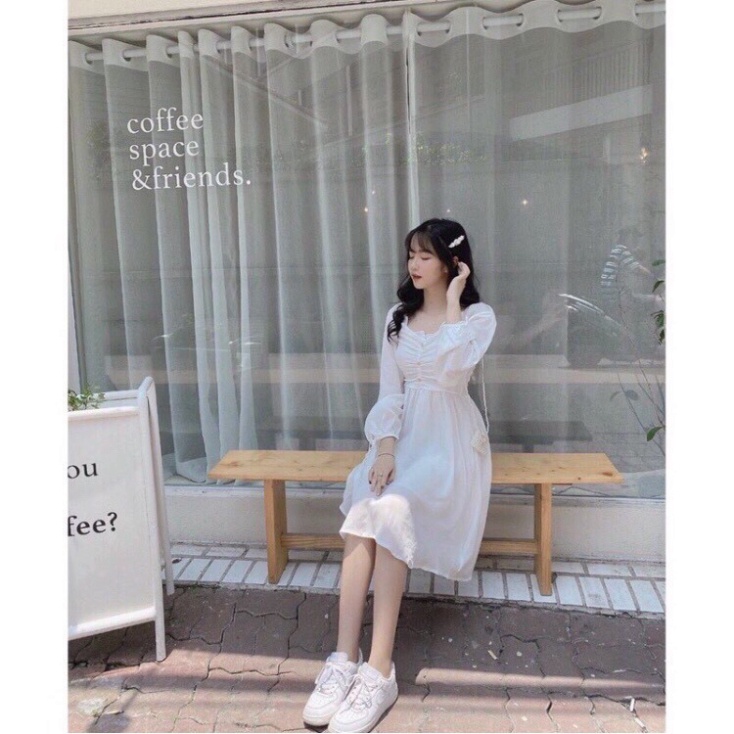 váy babydoll dáng dài trắng tay bồng 3 khuy ngực, đầm nữ dự tiệc dáng xòe babydoll màu trắng chất đẹp, thoáng hút mồ hôi