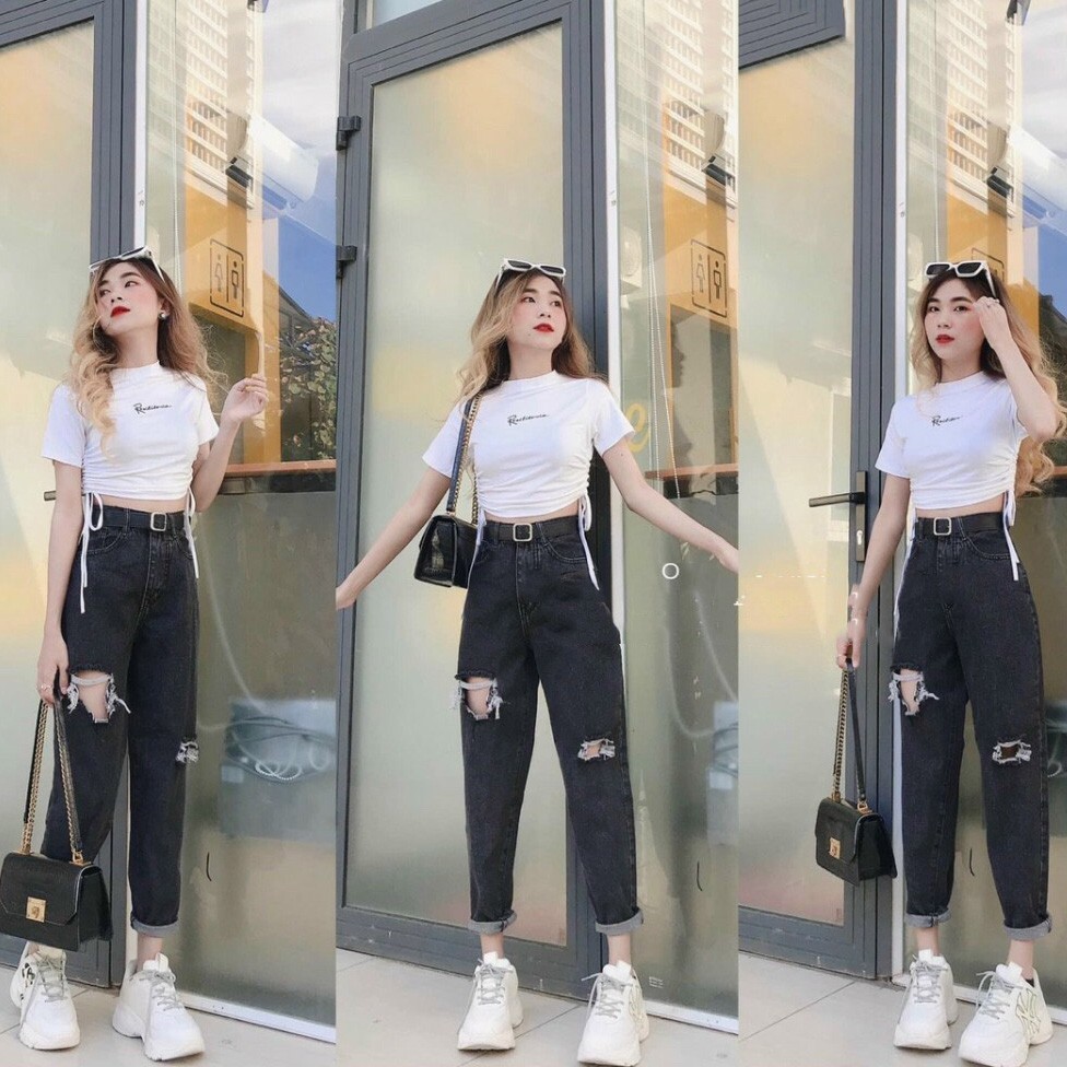 Quần Baggy Jean Rách, Lưng Cao Màu Đen Cực Cá Tính 454