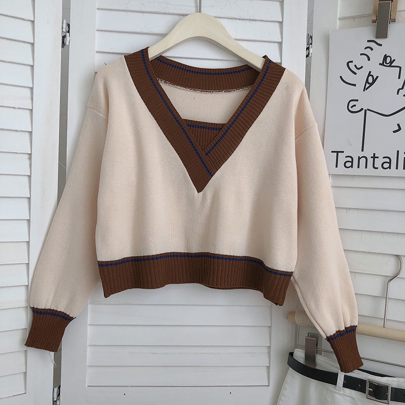 Áo Dệt Kim Ngắn Tay Cổ Chữ V Màu Sắc Tương Phản Phong Cách Hàn Quốc Thời Trang Mùa Thu Cho Nữ