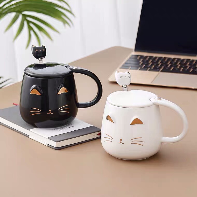 Cốc ly sứ mặt mèo 3D dễ thương dung tích 400ml kèm nắp và thìa dùng hàng ngày, đựng trà, cafe, quà tặng-Ráp