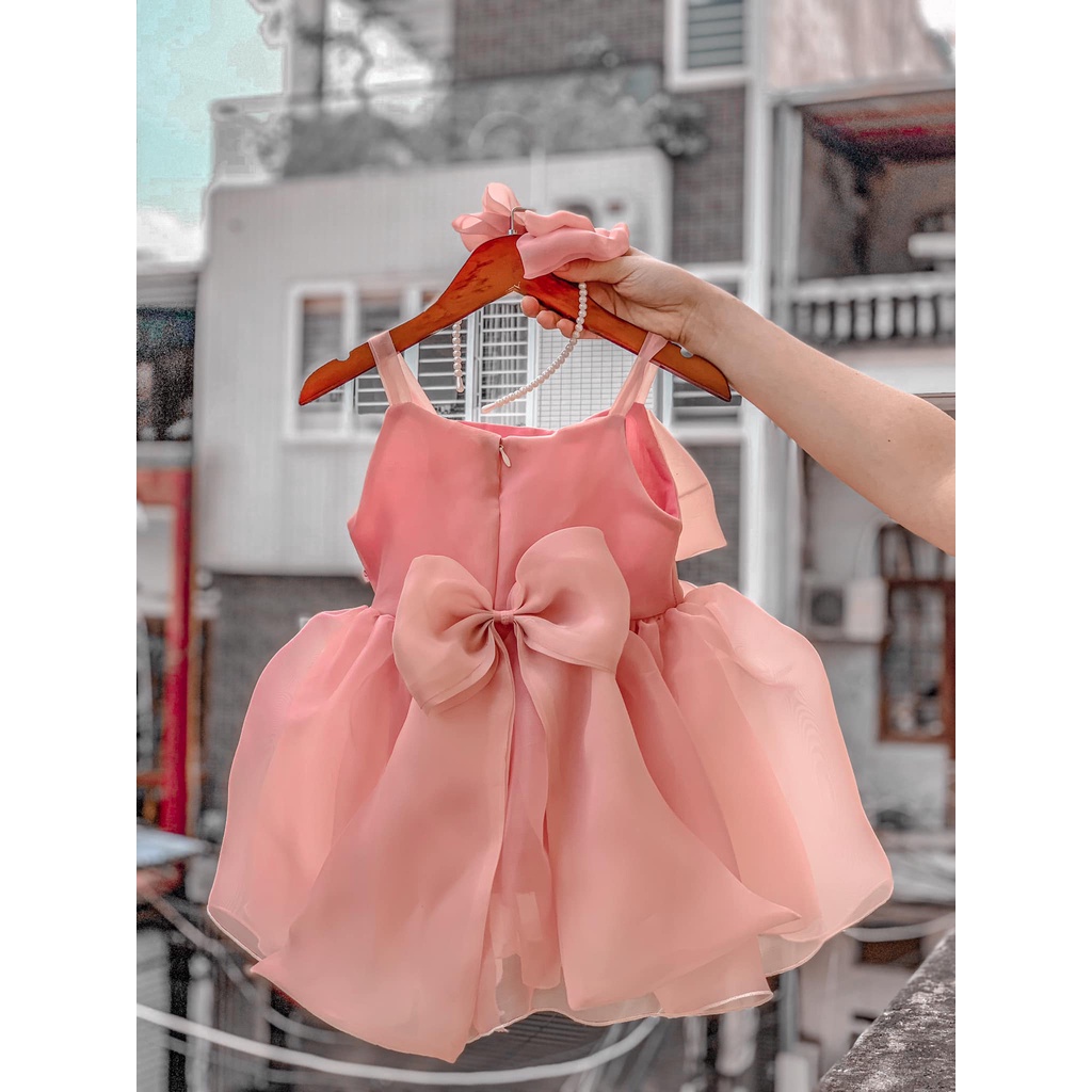 Váy Công Chúa Cho Bé Gái Thiết Kế Hoa Hồng Trước Ngực Nơ Lưng Cực Xinh, Đầm Công Chúa 2 Dây Hoa Nơ 4 Cánh Cao Cấp