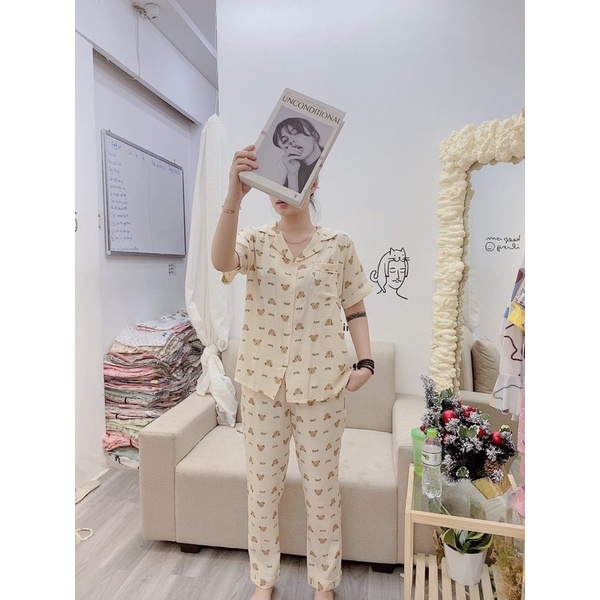 Bộ pijama mặc nhà bộ ngủ nữ bộ đũi tay cộc quần dài chất siêu mát mùa hè 2023 Kingofpijamas