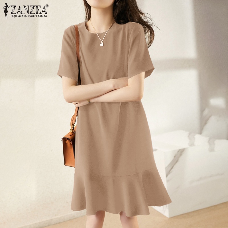 Đầm midi Zanzea tay ngắn dáng rộng màu trơn hợp thời trang cho nữ
