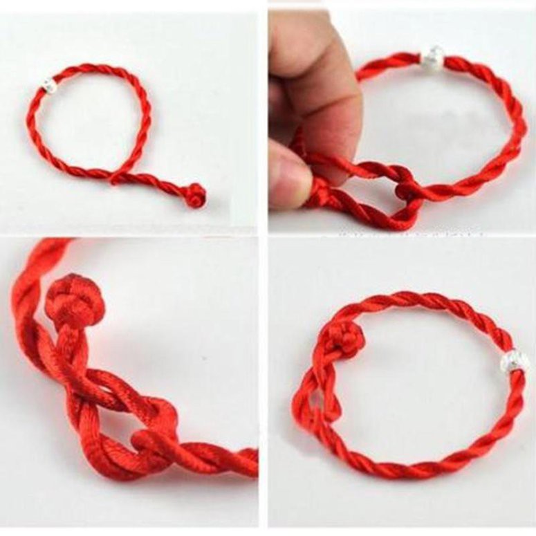 Vòng tay dây đỏ đính hạt bạc cầu may và hạnh phúc