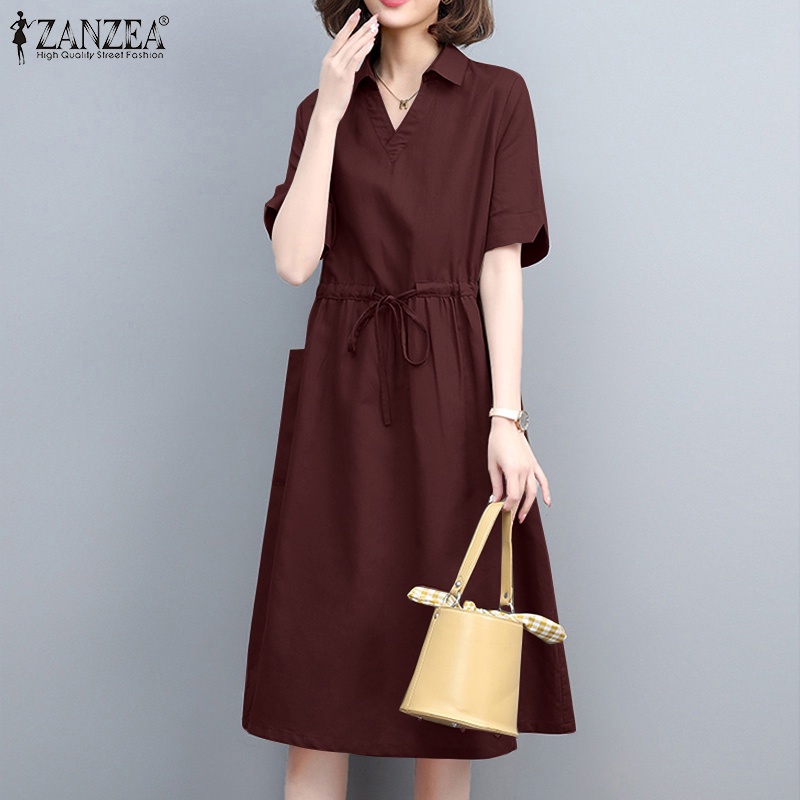 Đầm midi Zanzea tay ngắn cổ chữ v rút dây thời trang cho nữ