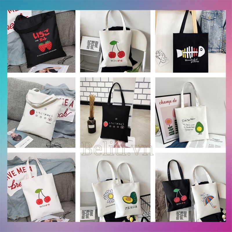 Túi tote Túi đeo vai vải canvas đi học đi chơi có khóa kéo phong cách Nhật Bản