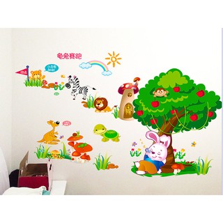 Decal dán tường LUVINA trang trí nội thất phòng cho bé rùa và thỏ ( thỏ ngồi gốc táo)