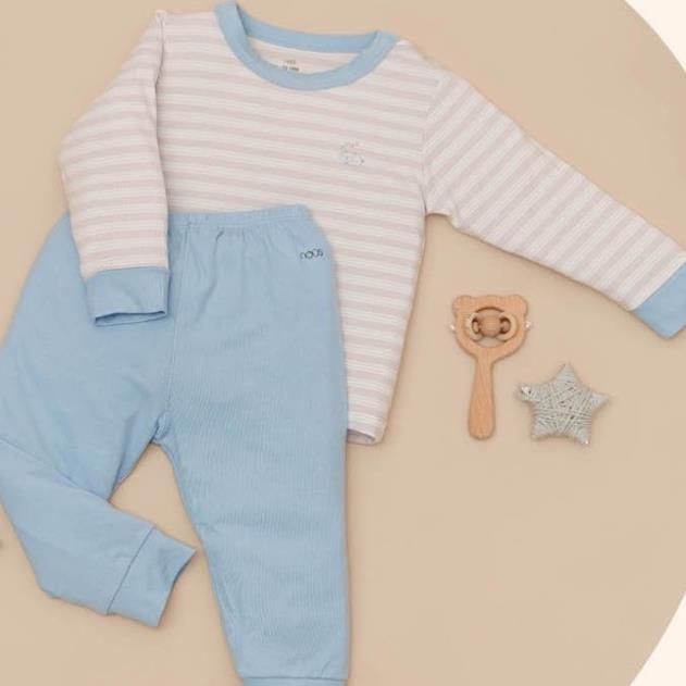Bộ Quần Áo Cài Vai Dài Chất Liệu Petit Kẻ Ghi Xanh Cao Cấp Nous Kháng Khuẩn Mềm Nhẹ (Size từ 12-24M)