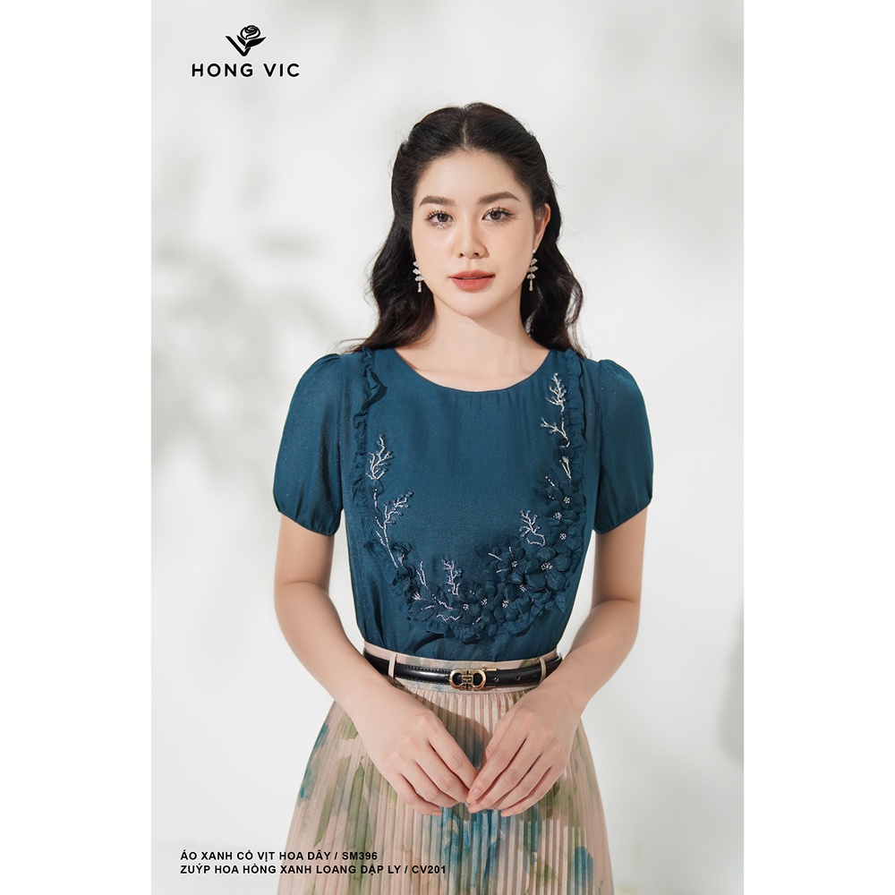 Chân váy nữ thiết kế Hong Vic hoa hồng xanh loang dập ly CV201