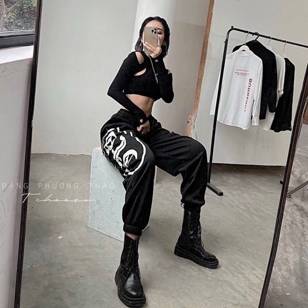Quần Jogger trắng đen in hình chất lừkèm hình thật