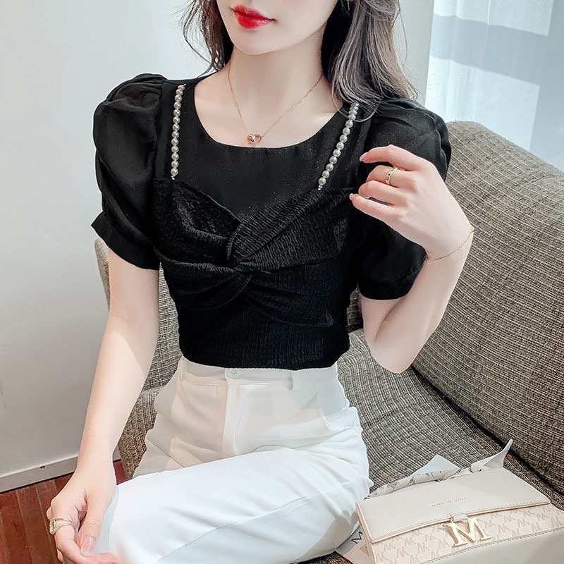 Áo Sơ Mi Tay Ngắn Phồng Đính Ngọc Trai Thời Trang Dành Cho Nữ