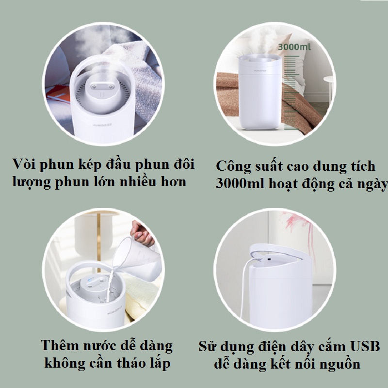 Máy phun sương dung tích lớn 3 lít 2 vòi phun với 3 chế độ phun sương tạo độ ẩm không khí hàng nội địa Trung có bảo hành