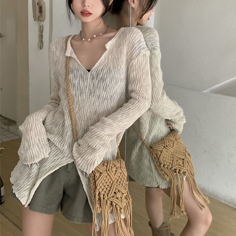 COZOKC COZOK Áo kiểu COZOK dệt kim tay dài dáng rộng thiết kế xẻ tà che nắng thời trang quyến rũ dành cho nữ