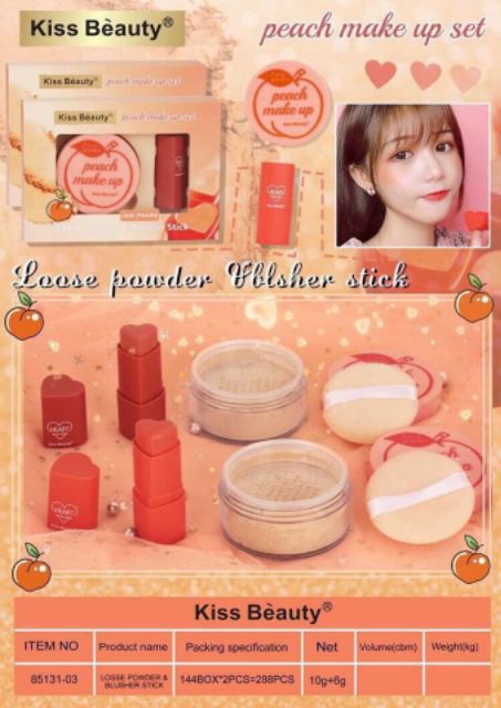 Set 2 món Kiss Beauty Peach ( phấn phủ bột + má hồng thỏi tim) | BigBuy360 - bigbuy360.vn