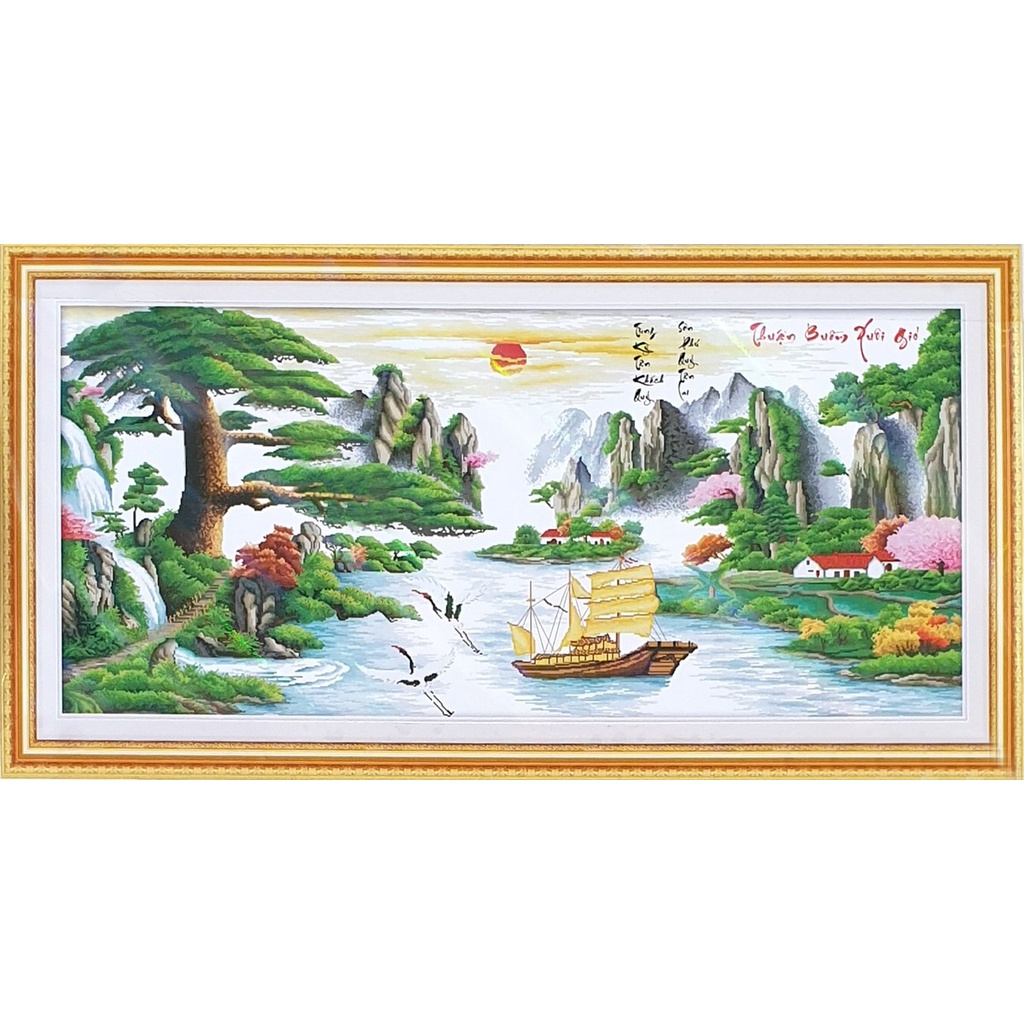 Tranh thêu chữ thập phong cảnh thuận buồm xuôi gió KT:190x93cm, tranh chưa thêu,tặng kéo và xỏ chỉ.