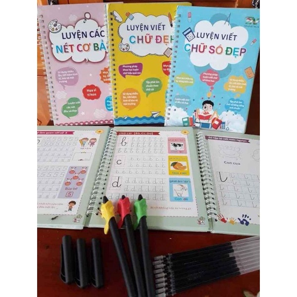 Bộ 3 Vở tập viết nét Lõm TỰ XÓA kèm bút tự bay màu cho bé luyện