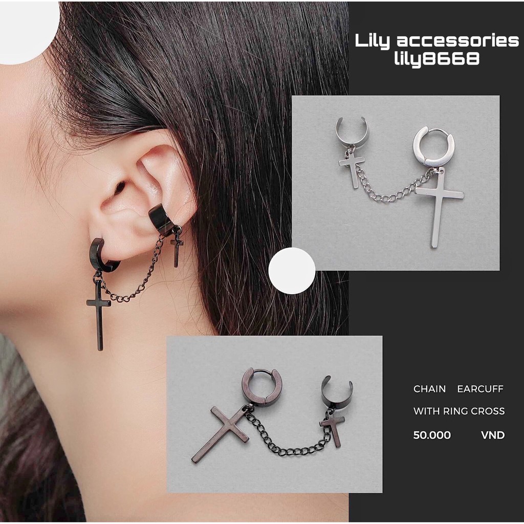 Chain Earcuff With Ring Cross khuyên xỏ và kẹp vành tai titan thánh giá không gỉ không đen không dị ứng nam nữ