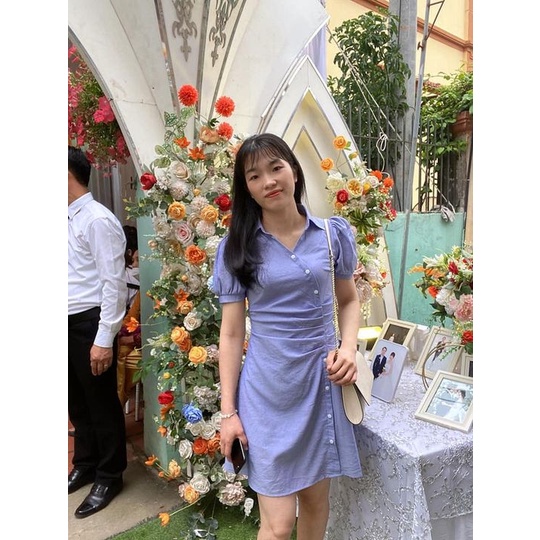 Váy sơ mi nhún eo tay bồng cách điệu lịch sự nhã nhặn YAME