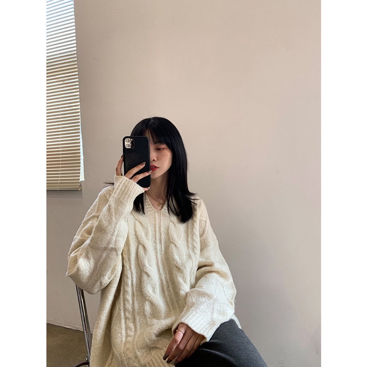 Áo len cổ chữ v dáng rộng thời trang thu đông