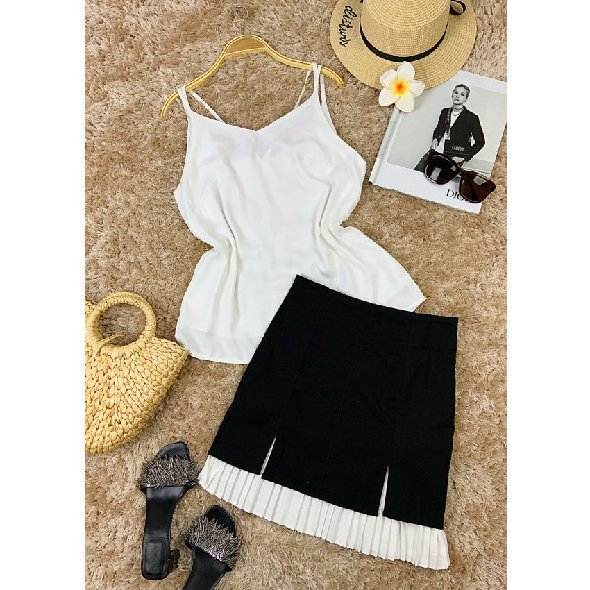 ⚡️Hàng QC⚡️ Áo hai dây phối 2 lớp trơn thời trang trẻ công sở, đi chơi, đi tiệc trắng đen đỏ xanh nâu da