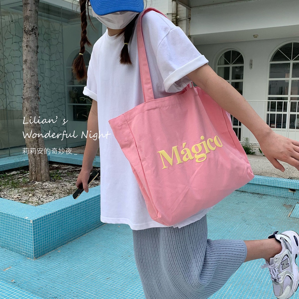 Túi Tote Vải Bố Màu Hồng Dung Tích Lớn In Chữ
