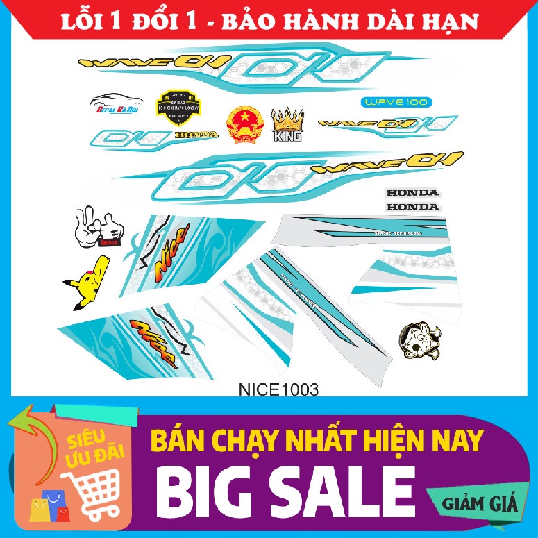 Tem rời WAVE ALPHA NỀN TRẮNG 50cc-100cc MẪU NICE Nhiều Màu Phối