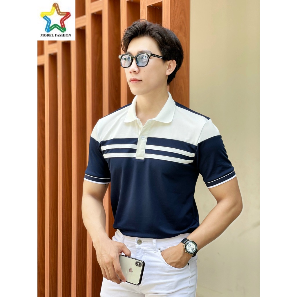 Áo thun polo nam nữ tay ngắn xanh 2 sọc ngực Hàn Quốc Model Fashion