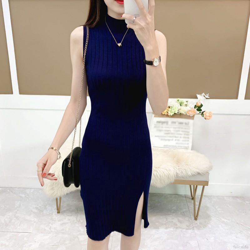 Round Neck Knit Women Slit Dress Novel Chic Solid Color Sleeveless Knee-length | BigBuy360 - bigbuy360.vn