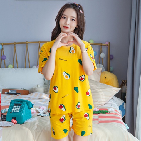 Bộ Đồ Ngủ Tay Ngắn Cổ Tròn Siêu Nhẹ In Họa Tiết Quả Bơ Hoạt Hình Dành Cho Nữ