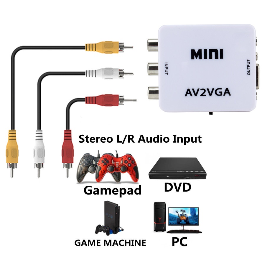 Đầu chuyển đổi Mini HD AV2VGA AV RCA CVBS sang VGA với giắc cắm 3.5mm sang PC HDTV