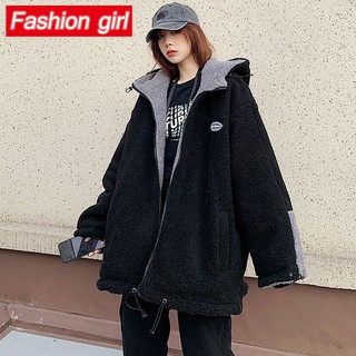 Áo Khoác Len Lông Cừu Dày Hai Mặt Có Mũ Trùm Đầu Giữ Ấm Mùa Thu Đông Phong Cách Hàn Quốc
