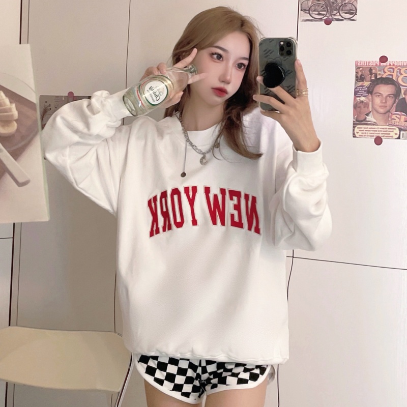 SUXI Áo sweater cổ tròn thêu chữ phong cách mùa thu mới cho nữ