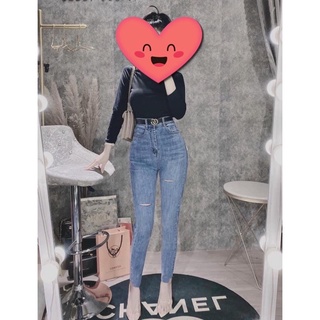 Quần jeans nữ rách gối tua gấu cạp cao co dãn