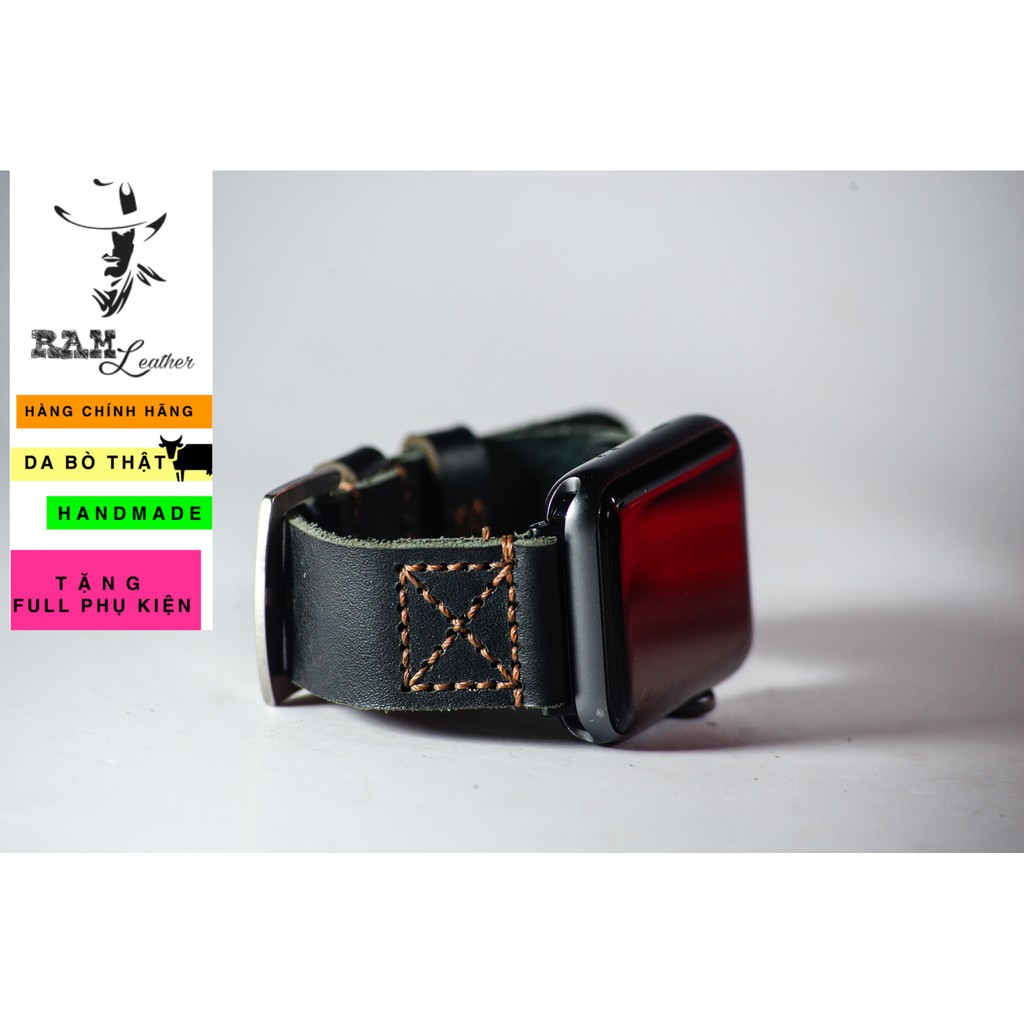 Dây apple watch da bò đen handmade bền chắc cực đẹp kiểu phi công RAM Leather simple X Pilot - tặng khóa chốt và adapter