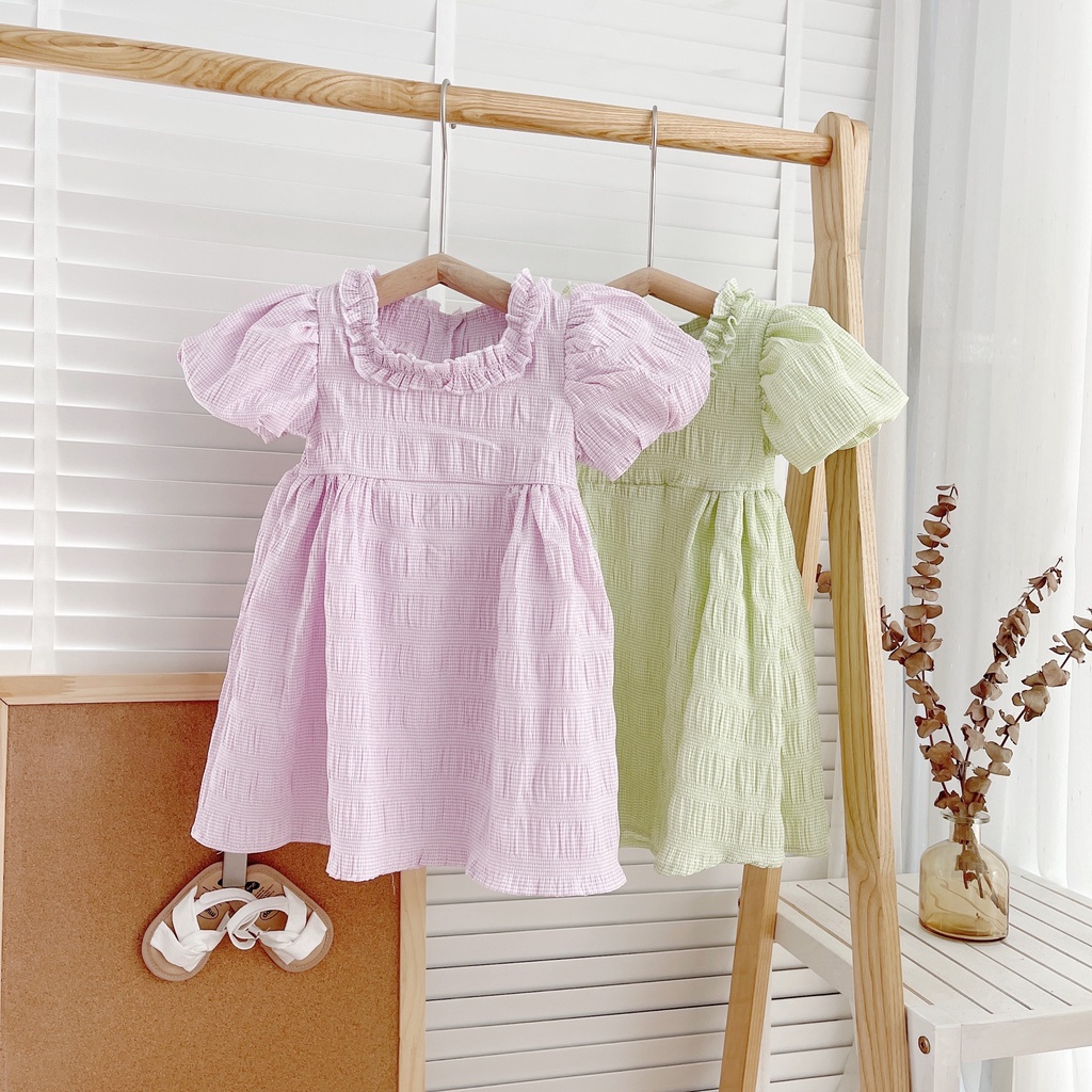 Váy hè cộc tay vảo xốp dãn màu trơn cho bé gái 8-19kg (1-5 tuổi)