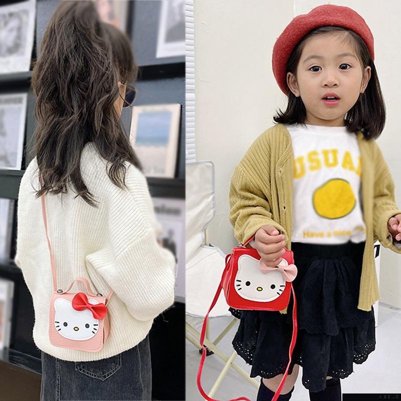 Túi đeo chéo da PU hình mèo đính nơ dễ thương cho bé gái
